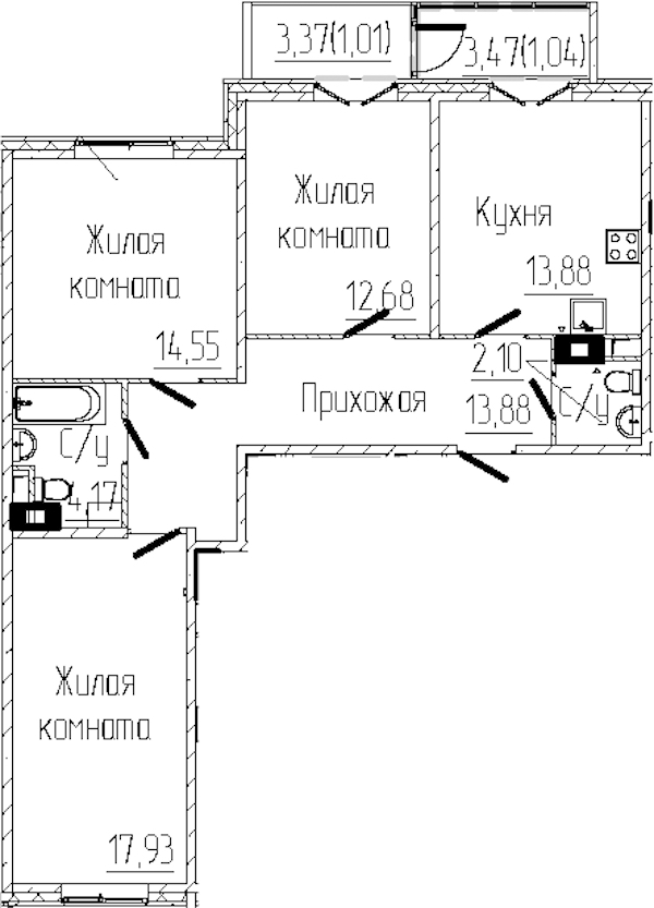 3-комнатная квартира 81.24 м², 3/8 эт., ЖК «SERTOLOVO PARK»